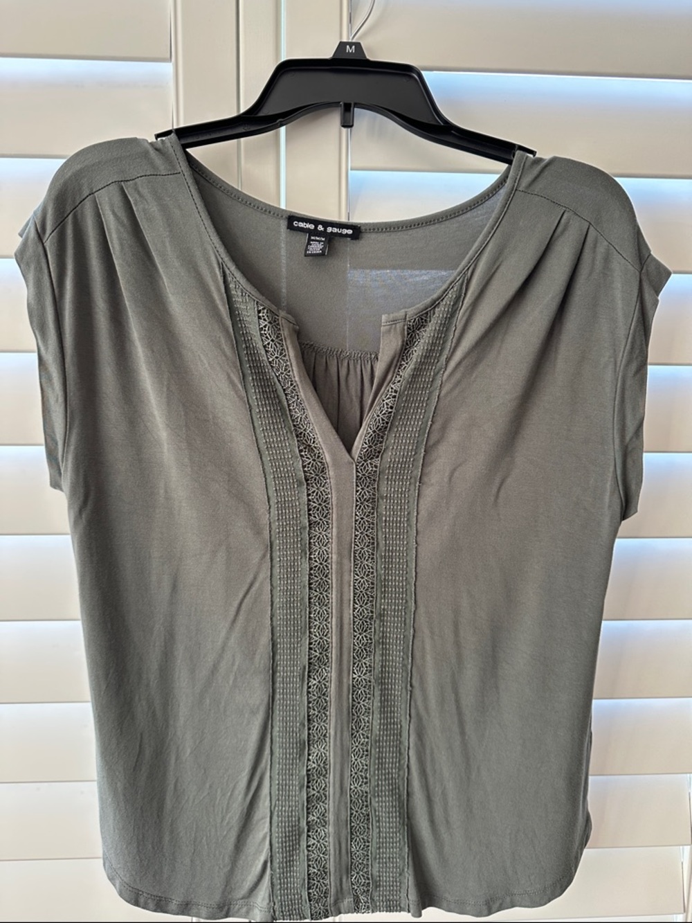 Cable & Gauge Olive Green Short Sleeve Embroidered Front Blouse